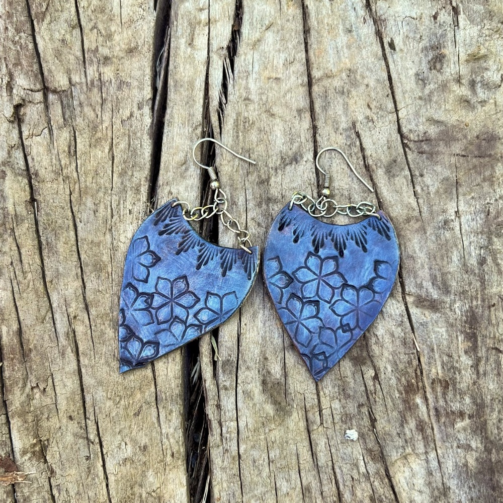 Tooled blue leather earrings
